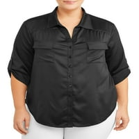 חולצת ציוד סאטן בתוספת גודל נשים עם כיסים ושרוולי גלילה