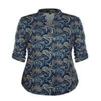 Chama's Plus Plus Size שרוולי שרוולי טוניקה טוניקה PAISLEY PRINT FLORAL PRINT V NECK HENLEY חולצות חולצה