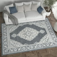 מדליון שטיחי שטיחים מסורתיים אפור כהה, רץ מקורה שמנת קל לניקוי