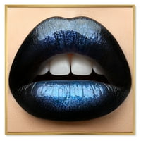 עיצוב אמנות 'ילדה שפתיים עם שחור וכחול שפתון' מודרני ממוסגר בד קיר אמנות הדפסה