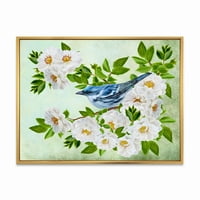 אמנות עיצוב 'ציפור כחולה קטנה יושבת על ענף של צמח ורד לבן' הדפסת אמנות קיר בד ממוסגרת מסורתית