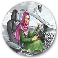 עיצוב 'גברת ערבית נוהגת במכונית II' אמנות קיר מתכת מעגל מודרני - דיסק של 23